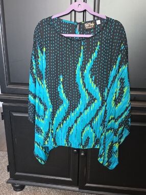 Bob Mackie Black Top with Turquoise & Lime Abstract Waves